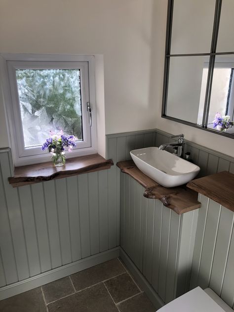 Green Bathroom Panelling Ideas, Cloakroom Wood Panelling, Bathroom Wood Paneling And Tiles, Cottage Downstairs Toilet, Small Cottage Shower Room, Toilet Tongue And Groove Panelling, Sage Green Panelled Bathroom, Small Wood Panel Bathroom, Sage Green Panelling Bathroom