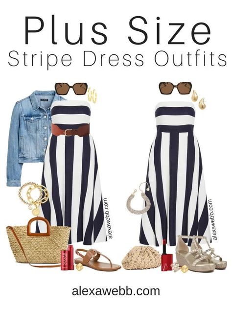 Plus Size Navy Stripe Dress Outfits - Alexa Webb Navy Striped Dress Outfit, Outfits Dressy Casual, Travel Outfit Plus Size, Striped Dress Outfit, Outfits With Striped Shirts, Plus Sized Outfits, Alexa Webb, Plus Size Navy, Casual Dresses Plus Size