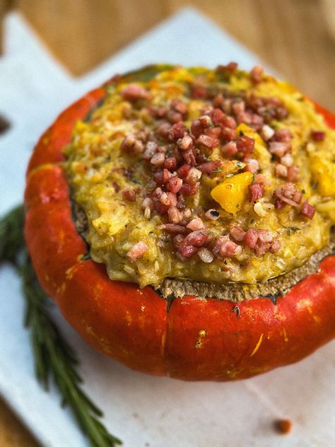 Tuscan Risotto Stuffed Turban Squash – stephreeds Stuffed Turban Squash Recipe, Turban Squash Recipe, Turban Squash, Arborio Rice, Tuscan Kitchen, Romantic Dinner Recipes, Italian Cheese, How To Dry Rosemary, Asiago