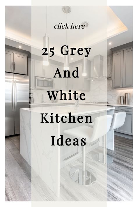 25 grey and white kitchen ideas, modern kitchen with marble island and stainless steel appliances White On White Kitchen Ideas, Grey And White Kitchen Decor, Grey Kitchen Ideas Modern Gray, Grey And White Kitchen Ideas, White Kitchen Decor Ideas, Geometric Tile Backsplash, Grey And White Kitchen, Patterned Window Treatments, Gray Kitchens