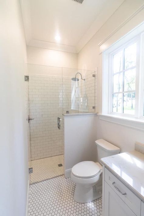 Small Shower With Half Wall, Half Wall Shower Small Bathroom, Window Half In Shower Half Out, Adding A Shower To A Half Bath, Basement Bathroom Small Corner Showers, Glass Bathroom Door, Half Wall Shower, Small Basement Bathroom, Big Shower