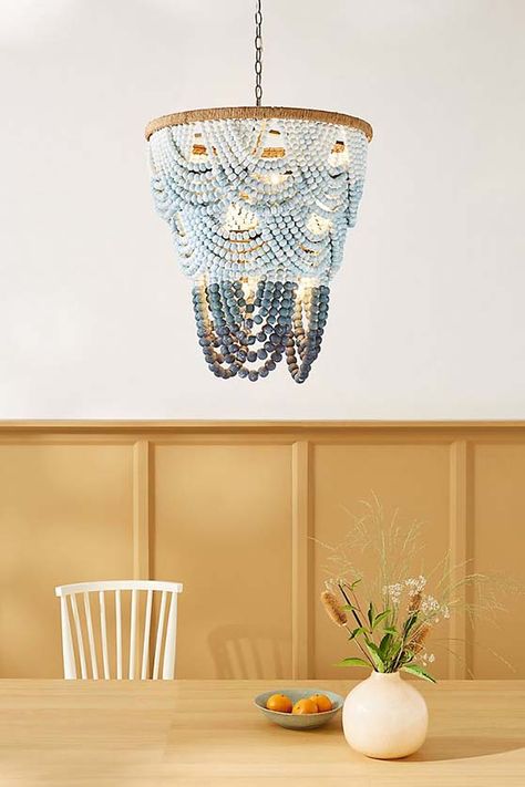 Aquamarine Beaded Chandelier Blue coastal inspired lighting rope dining room home decor beach cottage Chandelier Aesthetic, Capiz Chandelier, Wood Bead Chandelier, Unique Chandeliers, Elegant Drapes, Aquamarine Beads, Beaded Chandelier, Designer Drapes, Unique Lamps