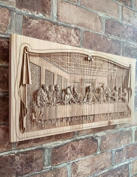 The Last secret Supper wooden Laser Engraving 3D icon - is the better present for your relatives or friends. In the Orthodox and Catholic tradition, the Icon has a special place. Such wooden wall art is a great gift for your friends and loved ones, regardless of age and social status or decoration in your home. Laser burned wood shows off the beautiful natural structure . The sense of volume allows the pattern to show up and stand out as best as possible. Comes with hanger attached ready for wal Wood Laser Ideas Products, Wood Cnc Projects, Wood Laser Engraving Ideas, Cnc Wall Art, Lazer Engraver, Laser Engraving Ideas, Papa Jesus, Secret Supper, Laser Cut Wood Jewelry