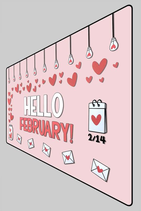 My Math Resources - Hello February Bulletin Board Kit – Classroom Decor Pink Bulletin Board, Daycare Art, February Bulletin Boards, Seasonal Bulletin Boards, Valentine Bulletin Boards, Class Bulletin Boards, Diy Bulletin Board, School Hallway, Hello February