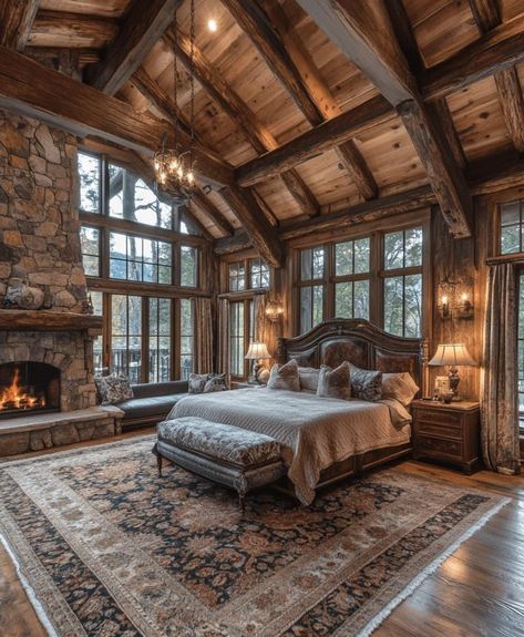 Modern Cabin Bedroom, Cozy Mountain Home, Beautiful Bedrooms Master, Cabin Bedroom, Southern House, Barn Style House Plans, Dream Life House, Interior Design Rustic, Cabin Interiors