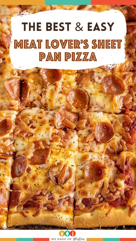 Craving a hearty pizza? Try this Meat Lover's Sheet Pan Pizza packed with Italian sausage, pepperoni, ham, and gooey cheese. Quick, easy, and delicious! Perfect for a family dinner or game night. Don’t miss out—pin this recipe and enjoy a slice of heaven tonight! Best Spaghetti Recipe, Sheet Pan Pizza, Pepperoni Chicken, Gluten Free Holiday Recipes, Meat Lovers Pizza, Best Party Food, Slice Of Heaven, Gooey Cheese, Pan Pizza