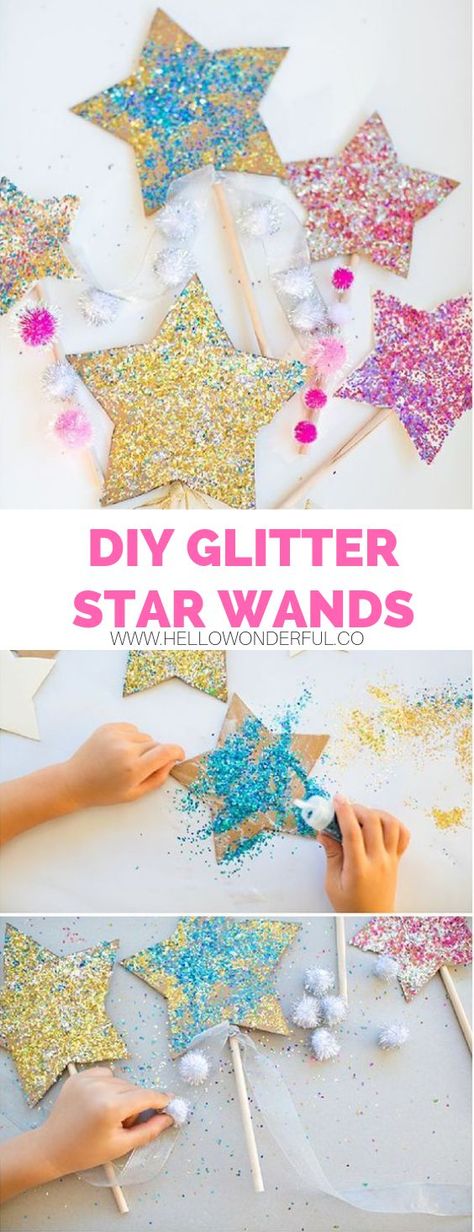 DIY Glitter Star Wands. Fun New Year Eve craft for kids and great use of recycled cardboard. #newyearcraft #newyearcraftkids #glittercrafts #cardboardcraft #diywand #glitterwand #starcrafts #starwand #kidscrafts #kidsart Star Wand Diy, Diy Creche, Recycled Crafts Kids Preschool, New Year's Eve Crafts, New Year's Eve Activities, Holidays Crafts, Recycled Crafts Kids, Star Wand, Glitter Rosa