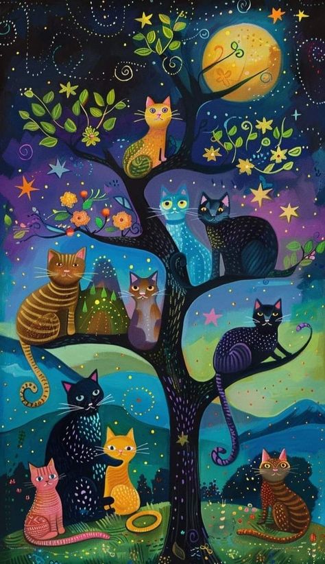 Cat Art Whimsical, Cat Illustration Wallpaper, Whimsical Cat Art, Cat Phone Wallpaper, Naïve Artist, Whimsical Art Paintings, Naive Painting, Naive Illustration, Cat Art Illustration