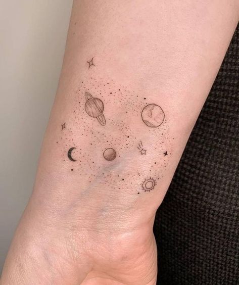 Solar System Tattoo, Attractive Style, Planet Tattoos, Galaxy Tattoo, Theme Tattoo, Small Pretty Tattoos, Spine Tattoos For Women, Different Tattoos, Spine Tattoos