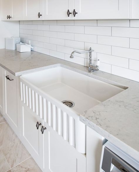 Hamptons Laundry, Hamptons Style Laundry, Laundry Design, French Provincial Style, Butler Sink, Fireclay Sink, Laundry Sink, Best Appliances, Custom Vanity