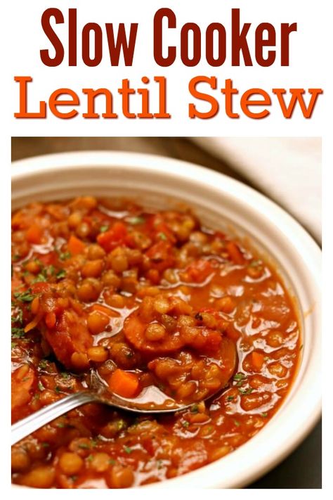 Slow Cooker Lentil Stew–a comforting bowl of stew that can be make vegan or can be made with smoked sausage. Lentils simmer in the slow cooker all day and soak up all the flavors of the stew. The leftovers make a great lunch the next day too. #vegan #glutenfree #slowcooker #crockpot Lentils Stew, Lentils Recipes, Recipe Vegetables, Stew Vegan, Vegan Crockpot Recipes, Vegan Crockpot, Ip Recipes, Slow Cooker Lentils, Starch Solution