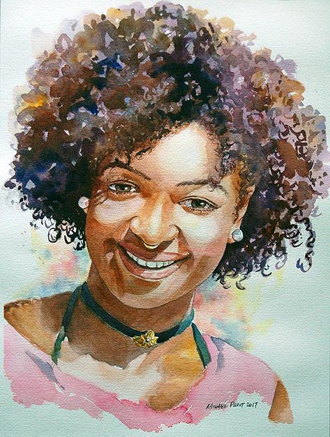 Hair With Watercolor, Artist Techniques, Watercolour Hair, Art 101, Watercolour Portrait, Reunion Ideas, Tight Curls, Black Curly Hair, Curly Hair Women