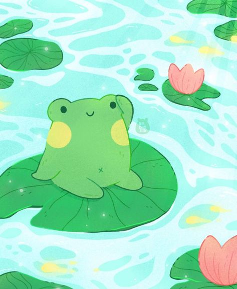 Frog Painting Ideas, Lily Pad Illustration, Frog Draw, Frog On Lily Pad, Painted Frog, Green Frogs, Cottage Core Art, Frog Illustration, Frog Drawing