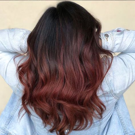 Cinnamon Red Balayage Hair, Reverse Balayage Red To Brown, Red Partial Balayage, Deep Copper Balayage, Dark Copper Hair Balayage, Red Ends On Brown Hair, Red Balayage Hair Brunettes, Red Hair Fade, Dark Copper Balayage Brunette