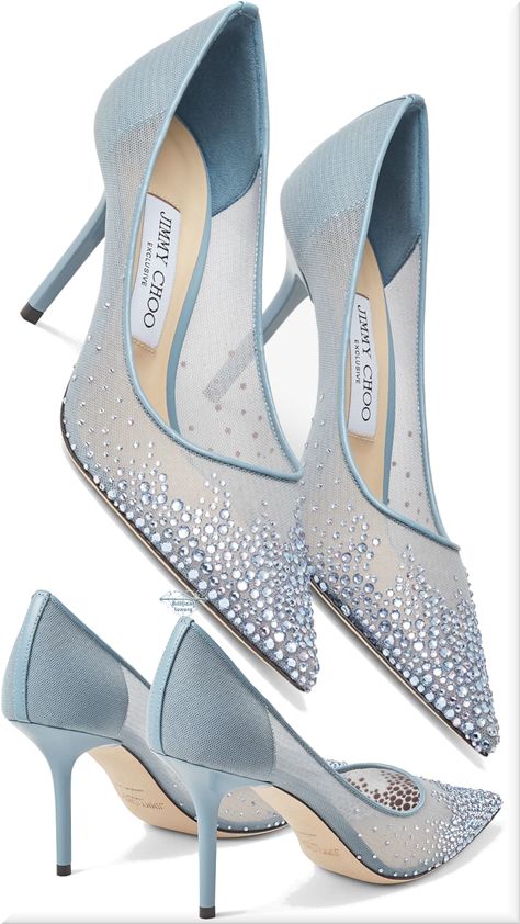 ♦Jimmy Choo smoky blue Love 85 mesh pointed-toe pumps with dégradé crystals #jimmychoo #shoes #blue #brilliantluxury Blue Jimmy Choo Heels, Wedding Shoes Blue, Bridal Shoes Wedges, Baby Blue Heels, White Dress Shoes Men, Era Outfits, Light Blue Heels, Event Shoes, Food Courts