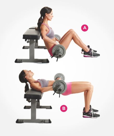 Barbell Hip Thrusters - One of the best exercises for your glutes. This exercise also targets your abs! | Women's Health Magazine Abdomen Plat, Bench Workout, Nutrition Sportive, Womens Health Magazine, Weight Benches, Ab Workouts, Hip Thrust, Body Fitness, Health Magazine