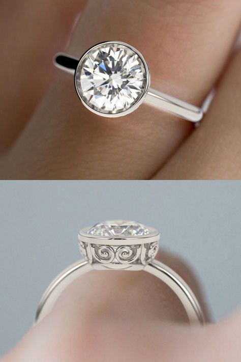 Vintage Style low Profile Bezel Set Round Brilliant Diamond Minimal Solitaire Engagement Ring Low Profile Engagement Rings, Ethical Engagement Ring, Engagement Ring Solitaire, Round Engagement Rings, Round Diamond Ring, Art Deco Engagement, Deco Engagement Ring, Art Deco Engagement Ring, Proposal Ring