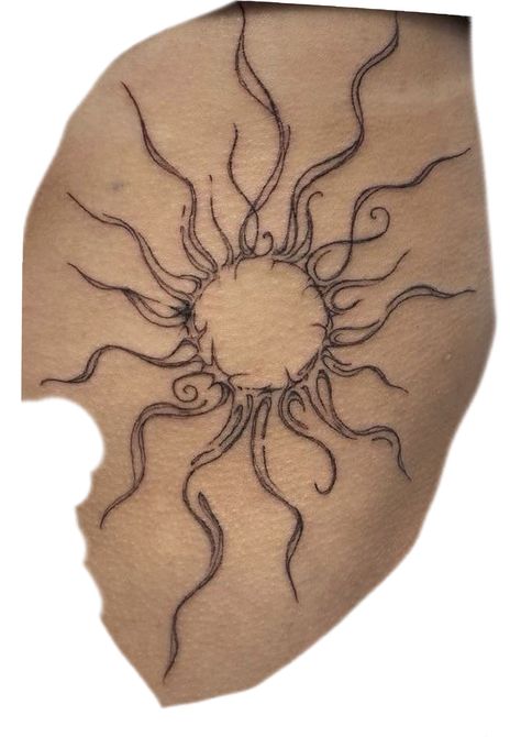 Spiral Vine Tattoo, Lower Back Sun Tattoos, Ethereal Sun Tattoo, Gothic Sun Tattoo, Sun Tattoo On Leg, Whimsical Sun Tattoo, Symmetrical Thigh Tattoos, Sun Tattoo Big, Elbow Sun Tattoo