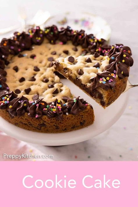 The perfect combination of a cookie and a cake, this giant homemade Cookie Cake is always a hit! It’s soft, chewy, and full of gooey chocolate chips. You’ll love how versatile this cake is, as you can decorate and customize it to fit any occasion! Make this for your next birthday or party. Homemade Cookie Cake, Homemade Cookie Cakes, Salty Cookies, Homemade Cookie, Cookie Cake Recipe, Butterscotch Chips, Peanut Butter Chips, Round Cake Pans, Cake Pan