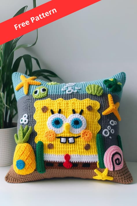 Learn how to crochet a fun SpongeBob pillow with our easy-to-follow instructions. Perfect for fans of all ages, this pillow adds a playful touch to any room. Crochet Spongebob Pattern, Spongebob Granny Square, Fun Crochet Pillow, Free Crochet Kawaii Patterns, Crochet Pillows For Kids, Spongebob Crochet Blanket, Crochet Kids Room Decor, Easy Disney Crochet Patterns Free, Crochet Gamer Gifts