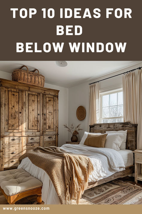 bedroom inspo, bedroom ideas, window above bed, bed below window, bed under window Bed With Small Window Behind It, Room Decor With Window Behind Bed, Small Window Behind Bed Ideas, Small Window Above Bed Ideas, Window Shades Behind Bed, Bedroom Big Window Ideas, Bedroom With Center Window, Bed In Front Of Single Window, Headboard Ideas With Window Behind