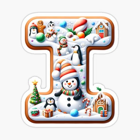 This image depicts a winter-themed letter "I" adorned with snowmen, a penguin, and Christmas ornaments, ideal for seasonal educational content and festive decorations. Xmas Stickers, Christmas Fonts Free, Xmas Sticker, Baby Shower Clipart, Christmas Alphabet, Christmas Letter, Educational Content, Christmas Fonts, Alphabet Stickers