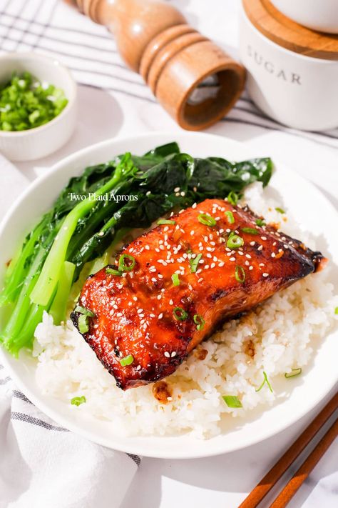 Miso Salmon | Two Plaid Aprons Salmon Recipes Miso, Salmon With Miso Sauce, Grilled Miso Salmon, Miso Mustard Salmon, Well Seasoned Studio Miso Salmon, Plaid Apron, Miso Salmon, Red Miso, Salmon Dinner