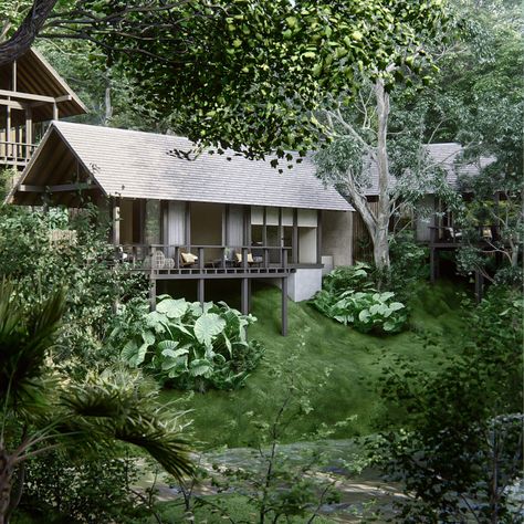 Bali Tropical Villa, Stilts House, Villa Compound, Wood Villa, Bali Garden, Landscape And Urbanism Architecture, Sphere Lamp, Tropical House Design, Jungle House