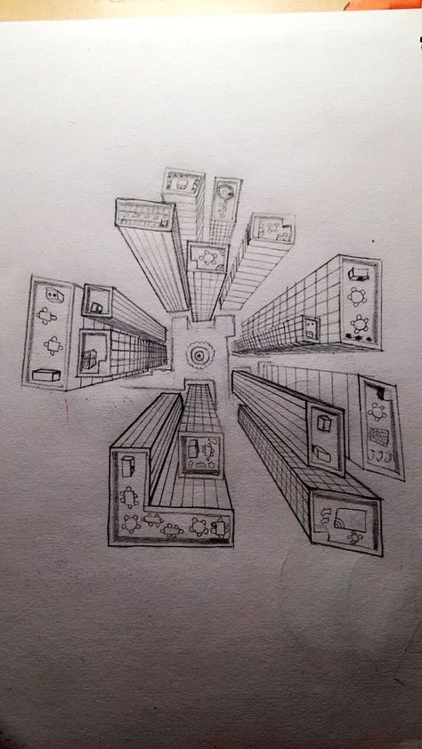 1 point perspective bird’s eye view One Point Perspective Drawing Cities Birds Eye View, A View From The Top Drawing, Birds Eye View Drawing, 300 Drawing Prompts, 1 Point Perspective Drawing, Birds Eye View City, Perspective Architecture, Three Point Perspective, Perspective Lessons