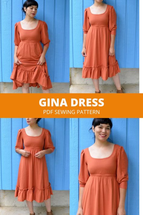 Gina Dress PDF Sewing Pattern and Tutorial - Etsy Australia Empire Waist Pattern, Diy Empire Waist Dress, Baby Doll Dress Sewing Pattern, Modern Regency Dress, Empire Waist Dress Pattern Free, Jersey Knit Dress Pattern, Knit Fabric Dress Pattern, Empire Dress Pattern, Jersey Dress Pattern