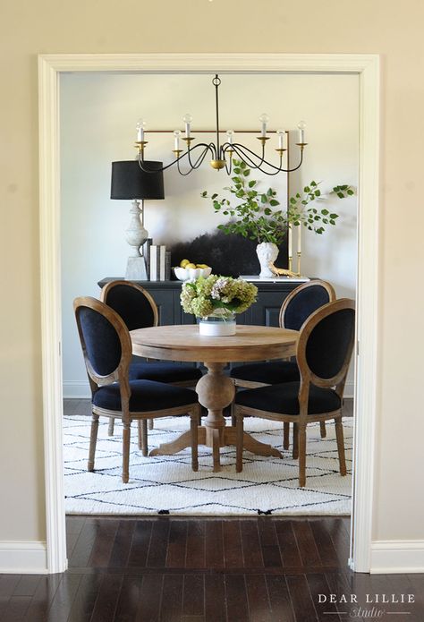 Home Depot Rugs, Dining Room Budget, Big Dining Table, Dear Lillie, Dining Room Blue, French Country Dining, Chandelier Black, Black Dining Room, Front Rooms