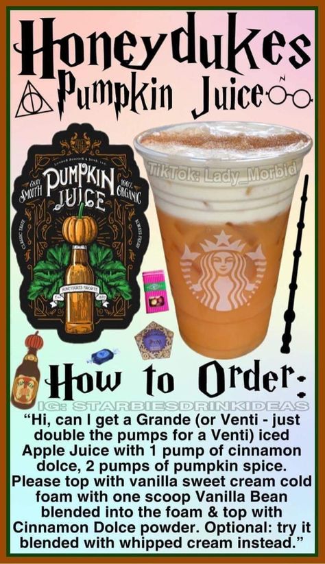 Pumpkin Juice Harry Potter Coffee Drinks, Starbucks Drinks Disney, Harry Potter Menu Ideas, Harry Potter Starbucks Drink, Disney Starbucks Drinks, Starbucks Lattes, Frappuccino Recipes, Mom Drinks, Starbucks Halloween Drinks