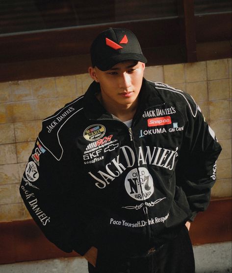 Racecar Jacket Outfit, Starboy Fits, Racecar Jacket, Racer Jacket Outfit, Racing Jacket Outfit, Starboy Aesthetic, Thrasher Shirt, Racer Jackets, Black Outfit Men