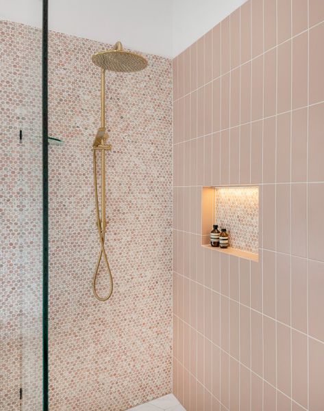 Pink Tiles, Upstairs Bathrooms, Girls Bathroom, Pink Bathroom, Bathroom Renos, Family Bathroom, Laundry In Bathroom, Wardrobe Design, House Bathroom