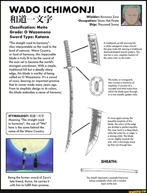 WADO ICHIMONJI ÉHLQÉC? Occupation: Classiﬁcation: Meito Grade: O Wazamono Ship: Thousand Sunny blade is truly ﬁt to be the sword of the set to become the world's the same color as the tsubu - iFunny :) Wado Ichimonji, Thousand Sunny, One Piece Tattoos, Types Of Swords, One Peace, Zoro One Piece, One Piece Images, Man Set, Roronoa Zoro