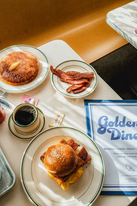 Golden Diner — This Is The Place I Was Telling You About Breakfast Shot, Breakfast Diner, Diner Aesthetic, Diner Food, Diner Menu, American Dinner, Breakfast Photography, Breakfast Cafe, Coffee Shop Photography