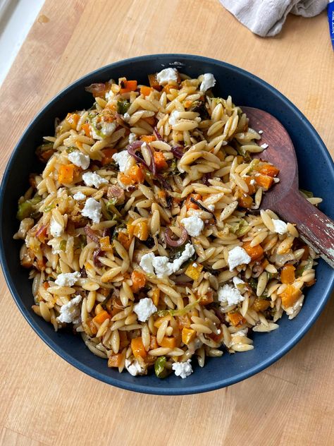 Orzo With Brussel Sprouts, Harvest Orzo Salad One Balanced Life, Autumn Orzo Salad, Harvest Orzo Salad, Spring Orzo Salad, Balsamic Pasta, Maple Balsamic Dressing, Postpartum Meals, Lemon Orzo Salad