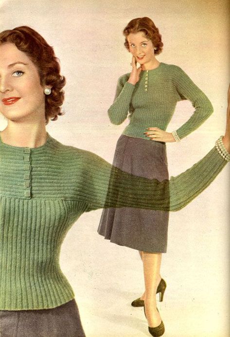 Scanned from Housewife magazine March 1952 Click for big Vintage Knitwear, Vogue Knitting, Fashion 1950s, Vintage Knitting Patterns, Granny Squares, 1950s Fashion, Knitting Women, Knit Outfit, Vintage Knitting