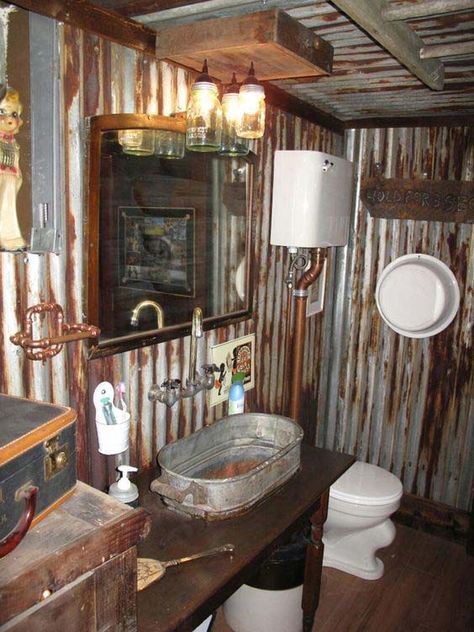 Rusty Is Appealing Galvanized Shower, Outhouse Bathroom, Barn Bathroom, Garage Bathroom, Rustic Bath, Primitive Bathrooms, Shop Bathroom, Cabin Bathrooms, Rustic Bathroom Designs