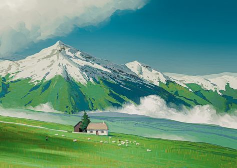 Studio Ghibli Background, Environment Painting, Concept Art Tutorial, Mountain Illustration, Ghibli Art, Skyfall, Fantasy Art Landscapes, Mountain Paintings, Landscape Illustration