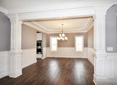 Crown & Columns  crown molding; custom columns; dining room entrance; wainscoting; tray ceiling Crown Molding Ideas Living Room, Interior Columns Ideas, Column Ideas, Molding Ideas, Craftsman Home Interiors, Interior Columns, House Trim, Country Dining, Hall Interior