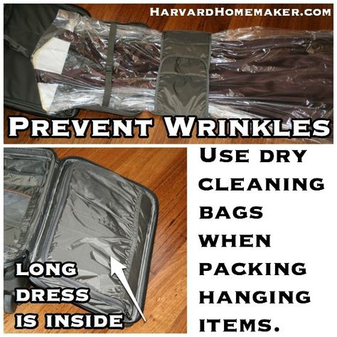 No more lugging hanging bags around when you travel!  Simply tuck dresses, men's suits, shirts, etc. inside a dry cleaning bag, and then fold up in your suitcase as normal.  The plastic slips around so wrinkles can't form.  #tips #travel #harvardhomemaker How To Keep Clothes From Wrinkling In Suitcase, Packing Dresses In Suitcase, How To Pack A Dress In A Suitcase, How To Pack Dresses In A Suitcase, Wrinkle Free Packing, Cheap Trips, Simply Organized, Front Closet, Vacation List