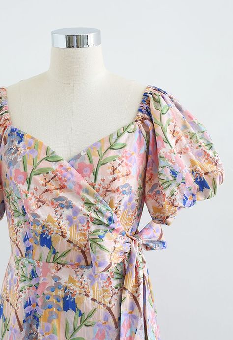 Floral Painting Wrap Dress in Pink - Retro, Indie and Unique Fashion Simple Frock Design, Simple Frocks, Tie Ribbon, Fashion Sewing Tutorials, Led Dress, Body Modification, Fashion Buyer, Spring Vibes, Frock Design