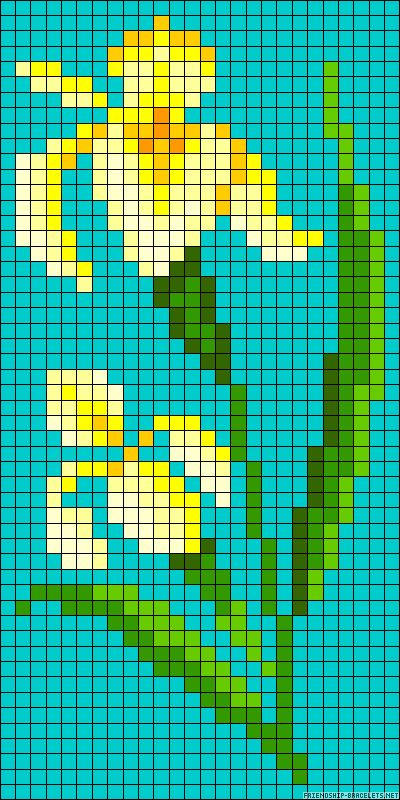 Daffodil cross stitch. Crosstich Patterns Free Flowers, Daffodil Cross Stitch Pattern, Perler Beads Flower Pattern, Flower Graphgan, Perler Beads Flower, Flower Perler Bead Patterns, Daffodil Pattern, Bead Flower, Fillet Crochet