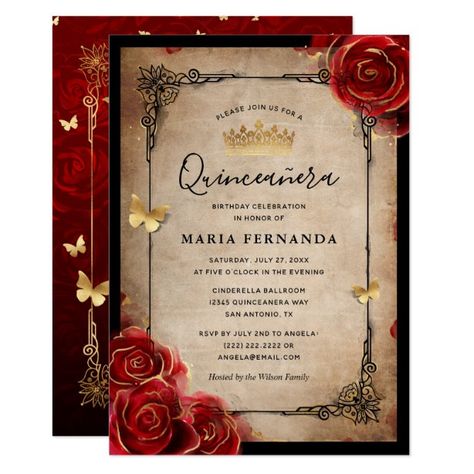 Red Quinceanera Ideas, Quinceanera Red, Rose Gold Foil Invitations, Invitations Quinceanera, Elegant Birthday Invitations, Quince Invitations, Quince Decorations, Gold Foil Invitation, Red Rose Wedding