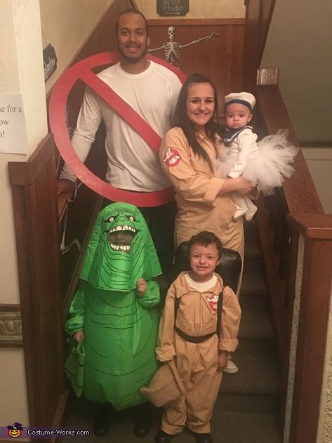 Ghostbuster And Ghost Costume, Ghostbusters Ghost Costume, Slimmer Costume Ghostbuster Diy, Family Ghostbusters Halloween Costumes, Ghost Buster Costume Diy, Homemade Ghostbusters Costume, Ghost Busters Couple Costume, Ghost Busters Costume Family, Ghost Busters Halloween Costumes