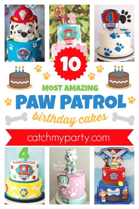 Feast Your Eyes on the 10 Most Amazing Paw Patrol Cakes | CatchMyParty  #catchmyparty #partyideas #pawpatrol #pawpatrolbirthdayparty  #pawpatrolbirthdaycakes #birthdaycakes Paw Patrol Cake Tower, Paw Patrol 4th Birthday Cake, Paw Patrol Bone Cake, Simple Paw Patrol Cake, Paw Patrol Birthday Cakes, Paw Patrol Theme Cake, Paw Patrol Cake Ideas, Paw Patrol Chase Cake, Paw Patrol Cakes