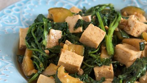 Tofu, Watercress, and Zucchini Stir-fry Recipe by Diana Kuan Pork Tofu Watercress Recipe, Ono Kine Recipes, Zucchini Stir Fry, Watercress Recipes, Vegetarian Main Dish, Watercress Soup, Tempura Recipe, Local Recipes, Hawaiian Recipes