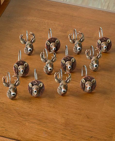 Cold Snap Deer Bathroom Set of 12 Shower Hooks | LTD Commodities Hunting Bathroom Ideas, Deer Shower Curtain, Diy Bathroom Design, Primitive Bathrooms, Bathroom Themes, Rustic Bathrooms, Primitive Decorating Country, Bathroom Collections, Shower Curtain Hooks