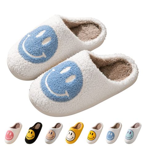 PRICES MAY VARY. 【Thick Memory Foam Sole】: This fuzzy smile face Slippers use about 3CM cushioned thick sole, very soft and will free your feet, making you walk comfortably all time. 【Retro Cozy Smile Slippers】 : Stylish smile slippers, smile design and the collision of different color uppers. Full of fashion sense, relaxed and happy, adding fun for your life. And wish the smile always be with you. 【Soft Comfy Materials】：This smile face slippers for women is made of soft plush, the preppy slippe Preppy Slippers, Smile Face Slippers, Smile Slippers, Happy Face Slippers, Man Pillow, Cloud Cushion, Indoor Outdoor Slippers, Retro Preppy, Slides For Women